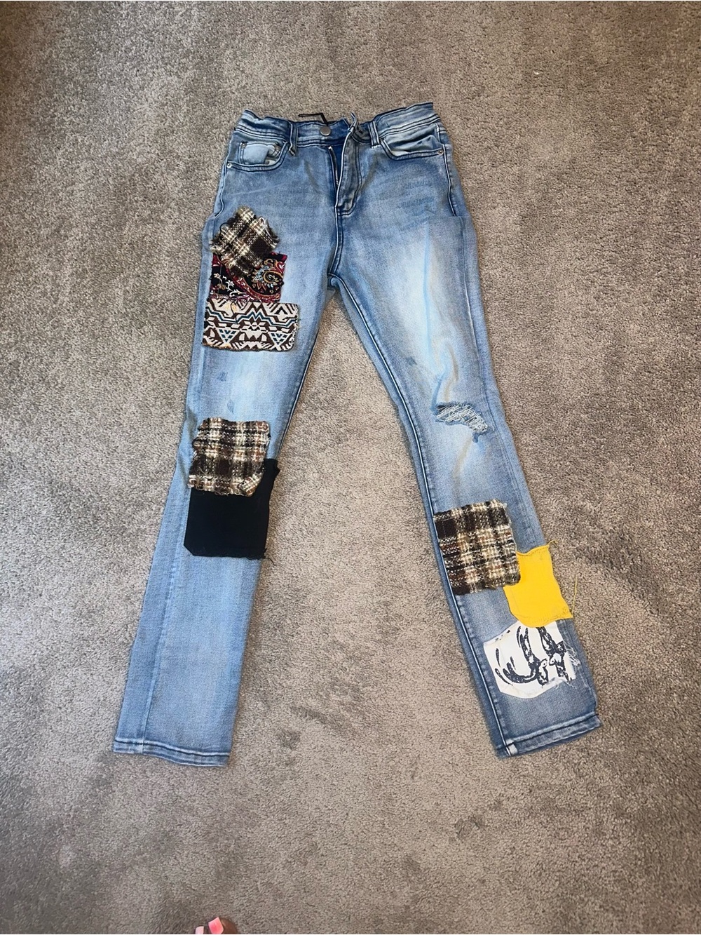 Fashion Nova Light Blue Patchwork Kids Jeans with Yellow Accent Boys 12/14
